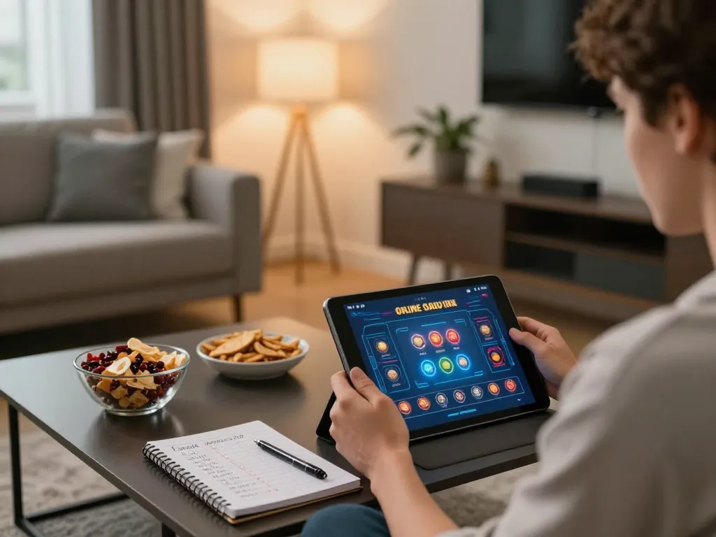 Engaging with the BL555 online casino app on a tablet in a cozy living room