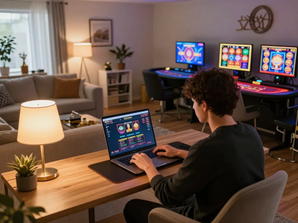 Engaging in zimospin online gaming while analyzing strategies in a cozy home environment.