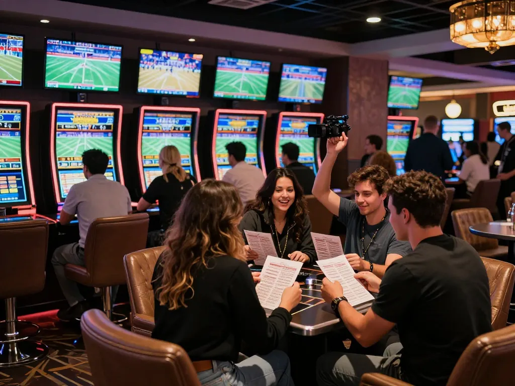 Betting enthusiasts analyzing odds and celebrating at 13win sports betting area