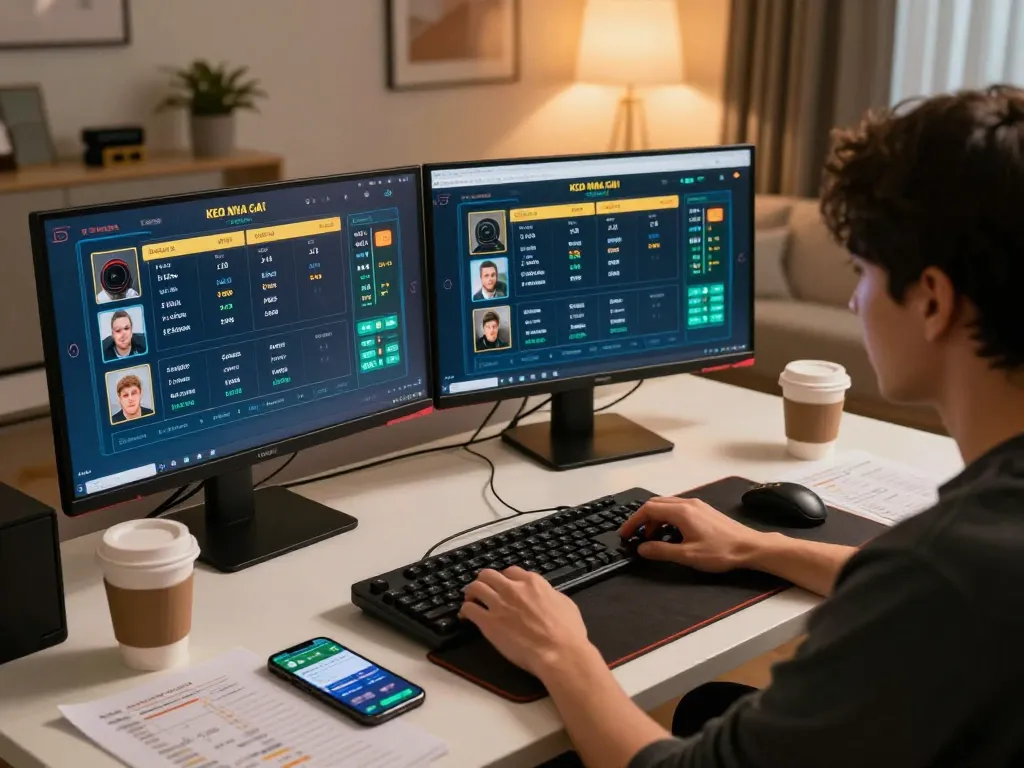 Person analyzing Keo Nha Cai 5 betting odds on a dual monitor setup at home, showcasing strategic gambling.