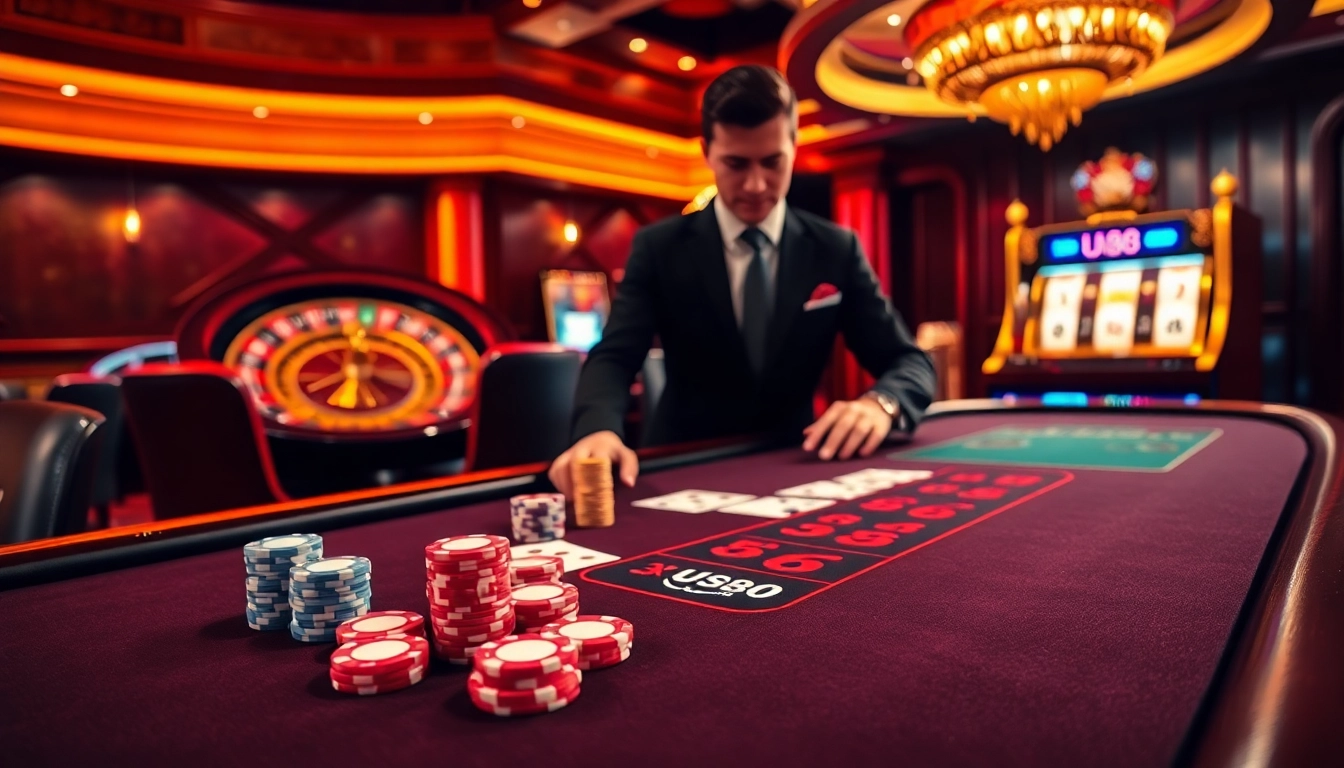 Engaging scene of gambling at UU88 featuring poker, roulette, and slot machines.