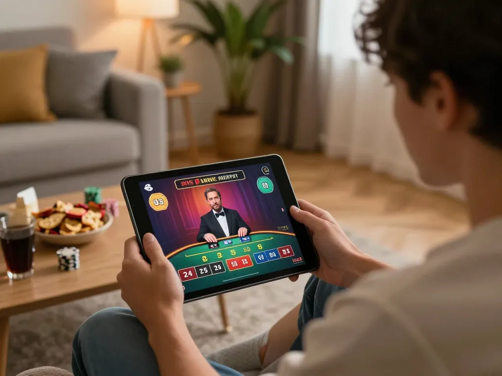 Engaging in online blackjack gameplay with hay88x on a tablet in a cozy home setting