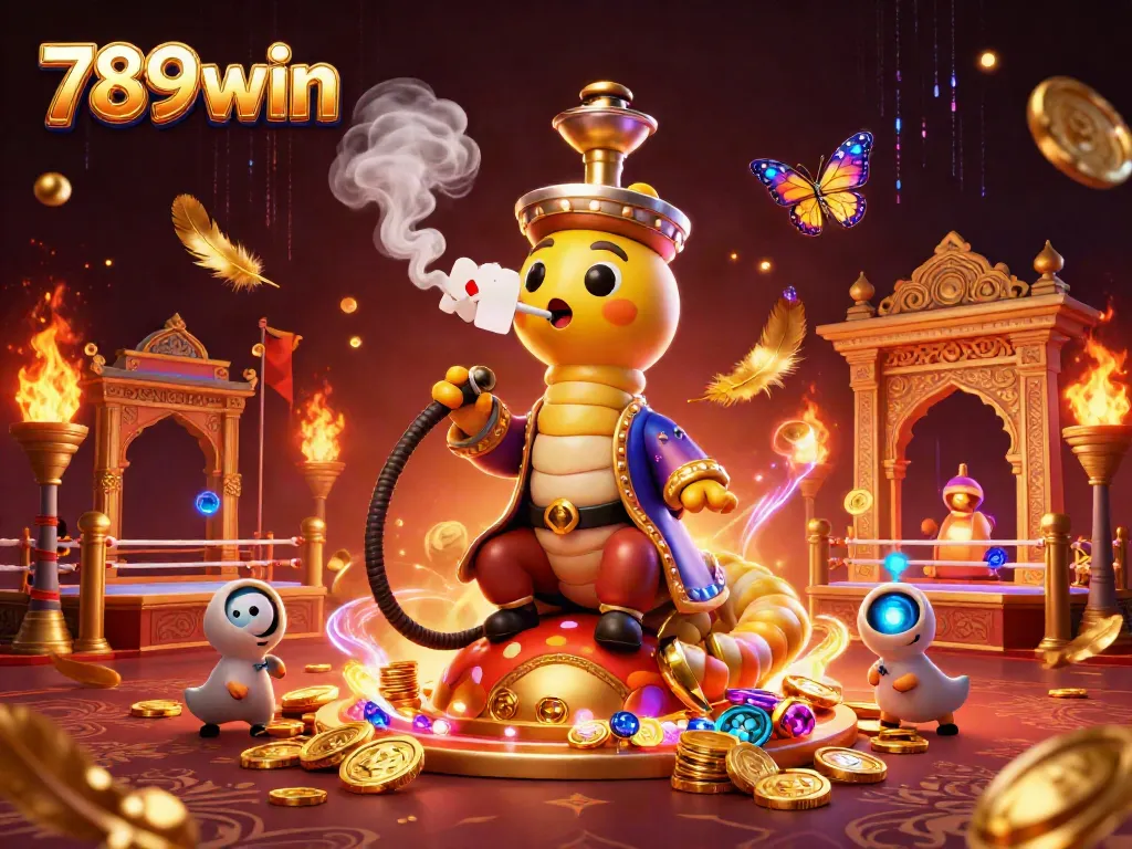 Immerse in the vibrant casino-themed world of 789win, featuring a hookah-master caterpillar amidst gaming elements.