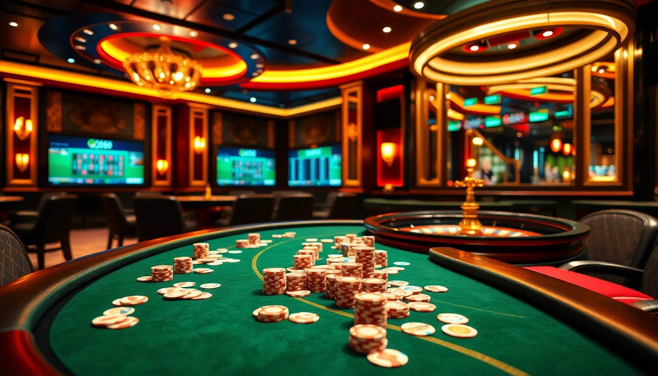 Experience a thrilling gaming environment at QQ88, with professional dealers at a poker table and vibrant casino elements.