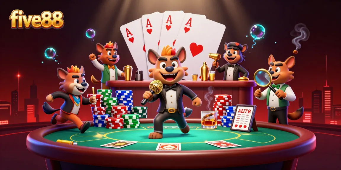 Experience the vibrant five88 casino scene featuring hyenas in action, a lively poker table setup, and dynamic gaming atmosphere.