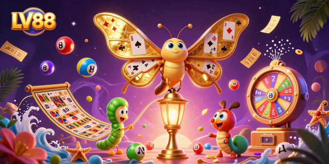 Experience the excitement of LV88, with vibrant lottery elements and a whimsical moth illustration.