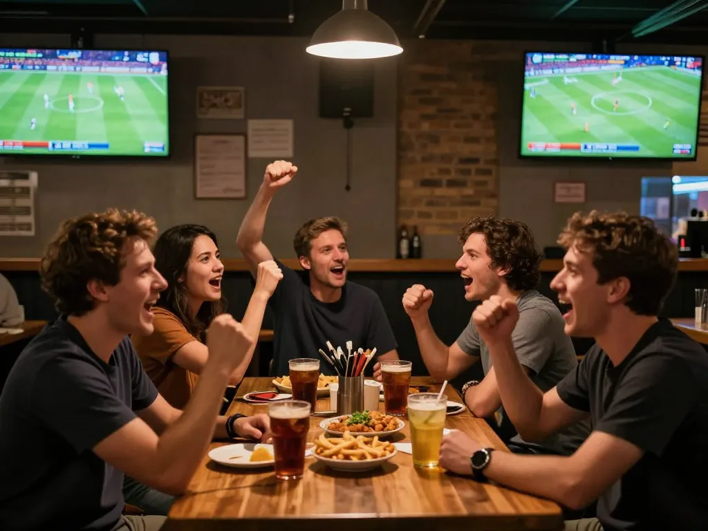 Fans engaged in ดูบอล action at a lively sports bar, cheering for their favorite teams.