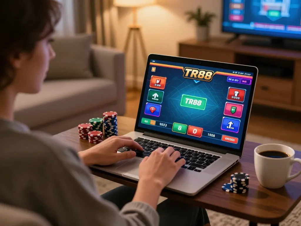 Player enjoying a TR88 poker game online at home, showcasing a cozy setup with chips and warm lighting.