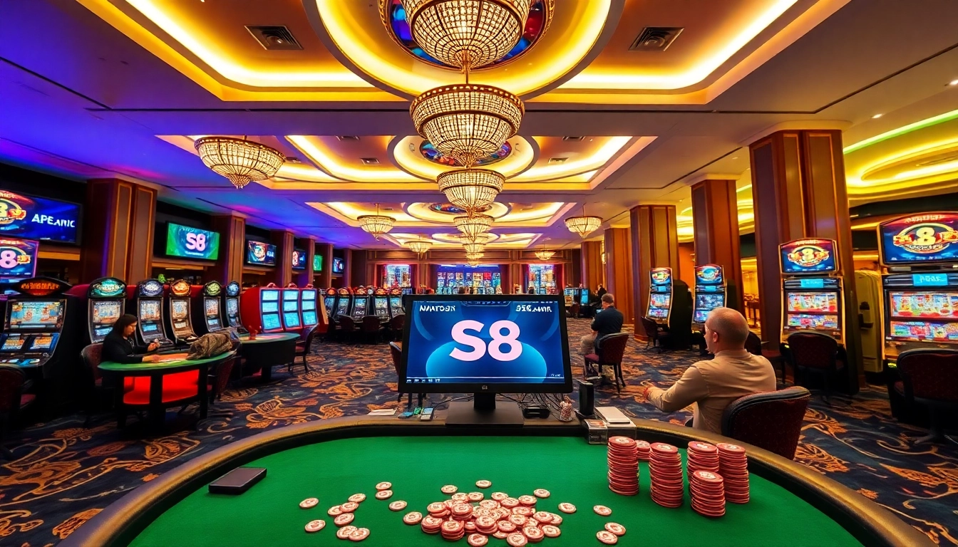 Engaging in Đăng nhập S8 with excitement at a vibrant casino featuring games and slot machines.
