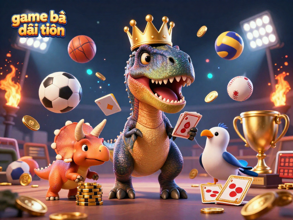 Engage with game bài đổi thưởng through an energetic scene featuring a T-Rex, pterodactyl, and triceratops in action.