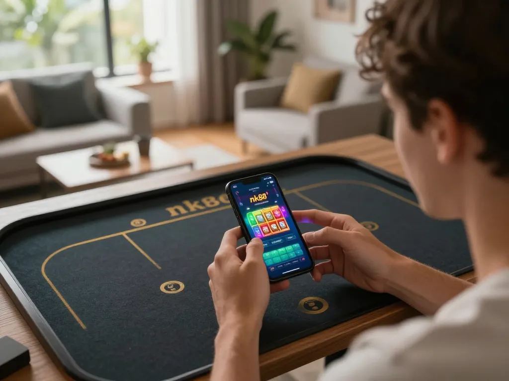 Player enjoying mobile nk88 casino games on smartphone in a cozy living room.