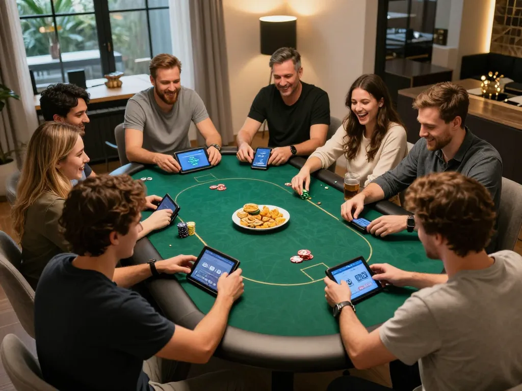 Players enjoying TR88 poker night at home with tablets and snacks, capturing excitement and strategy