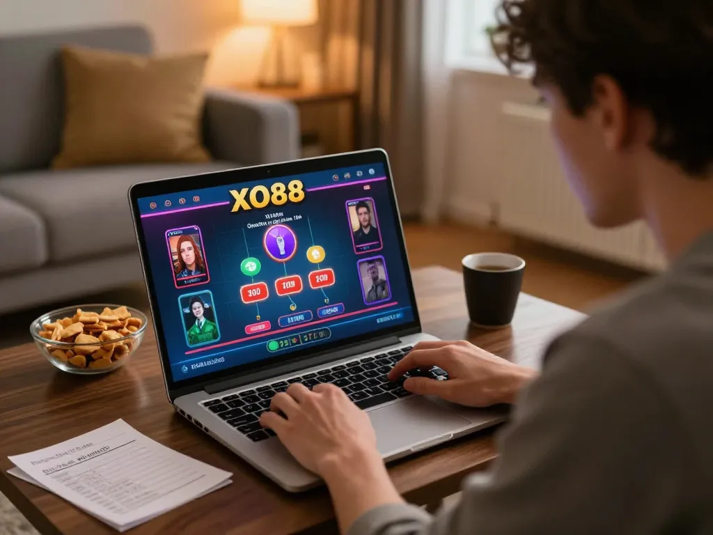 Engaging person playing at XO88 online casino in a cozy home environment.