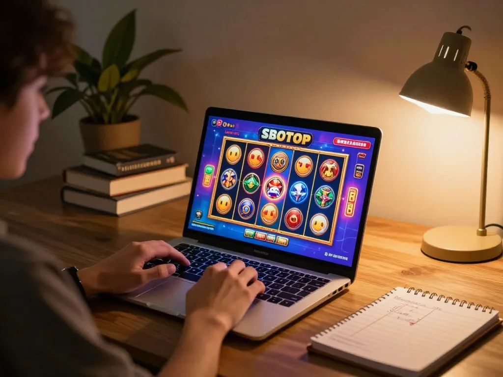 Sbotop player engaging with online slots on laptop in a cozy home environment