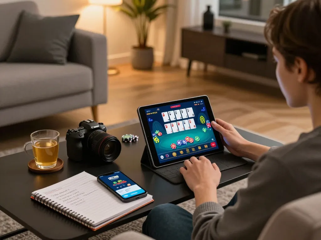 Person engages in online poker at home using the BET168 app on a cozy sofa.