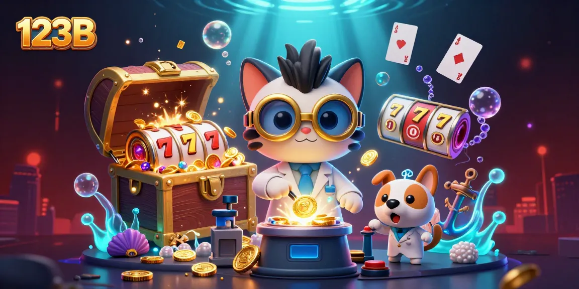 Experience thrilling casino adventures with 123B in this vibrant 3D gaming illustration.
