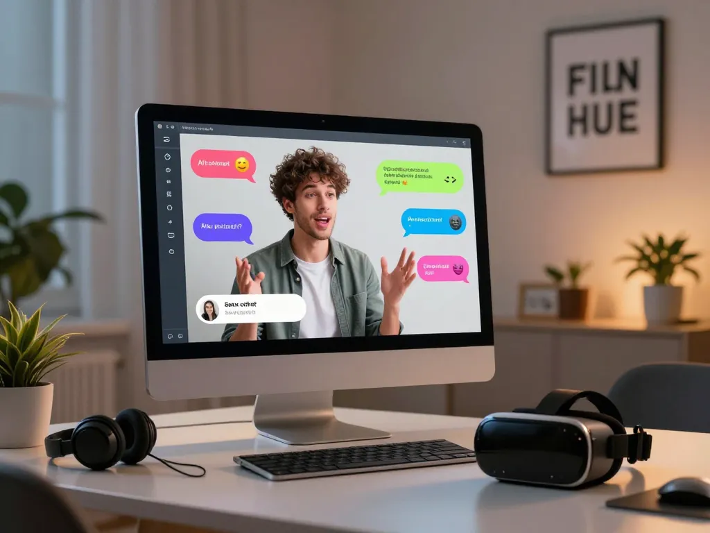Engaging scene of a user interacting with AI sex chat, showcasing vibrant chat bubbles and futuristic tech.