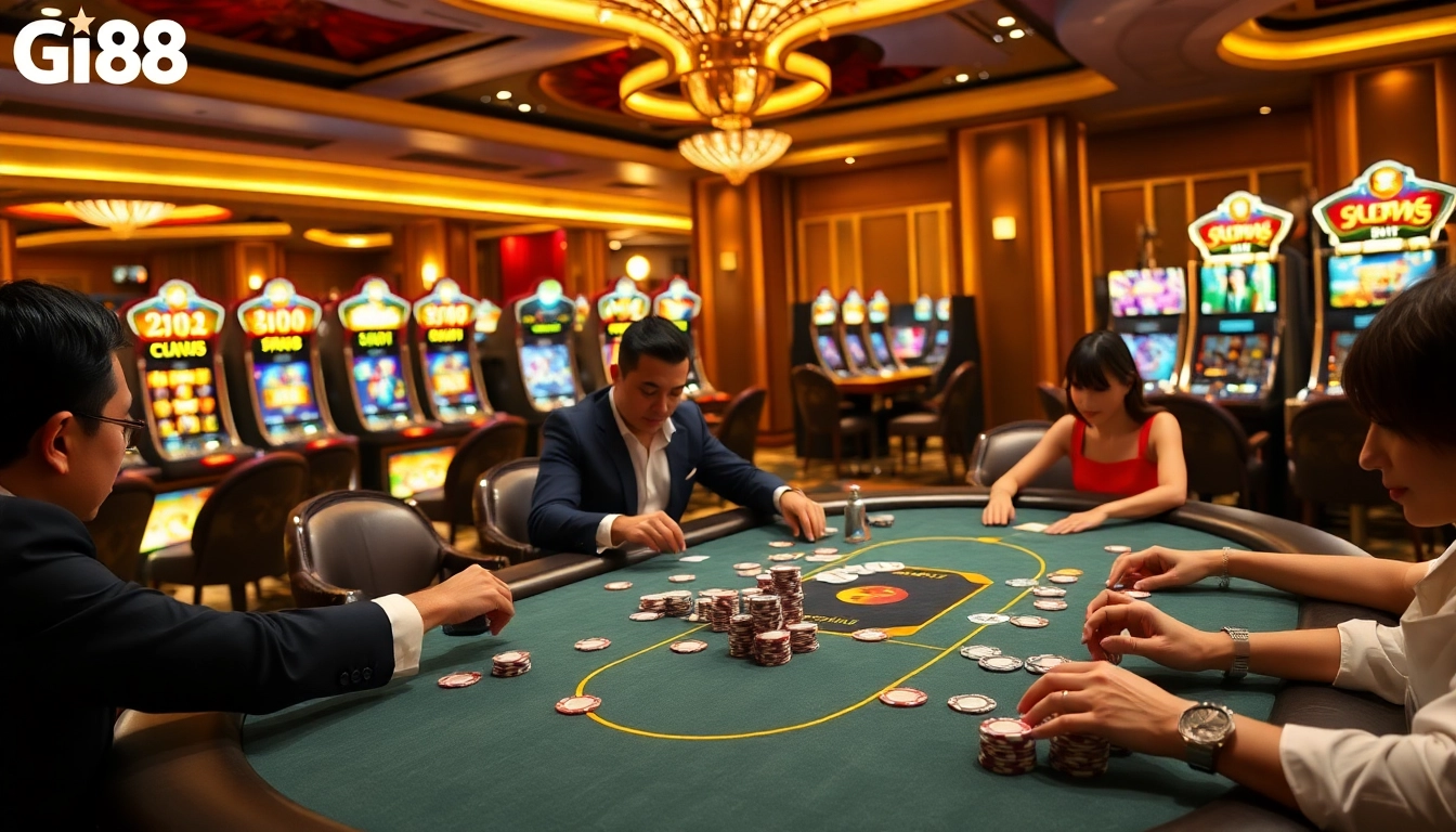 Experience the thrilling atmosphere at gi88 with players engaged at a vibrant poker table.