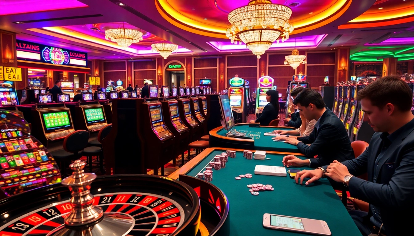 Experience the thrill of gambling at LC88's vibrant casino floor with roulette wheels and excited players.
