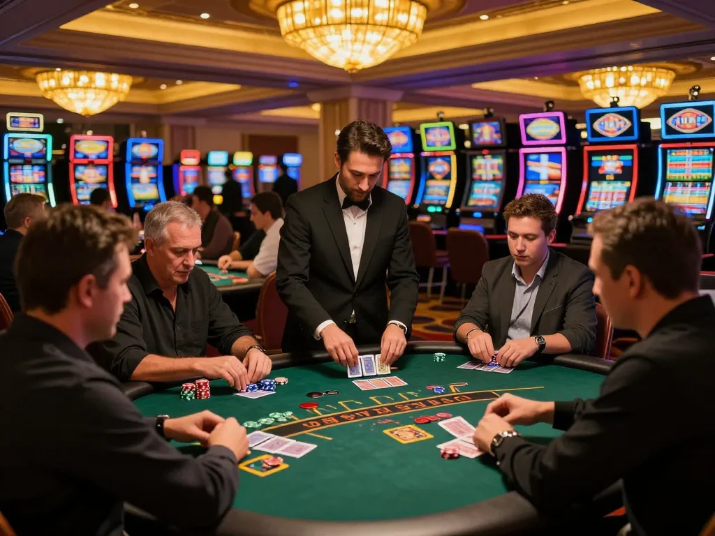 Players enjoying intense blackjack gameplay at mb66 casino, with vibrant lighting and dynamic atmosphere.