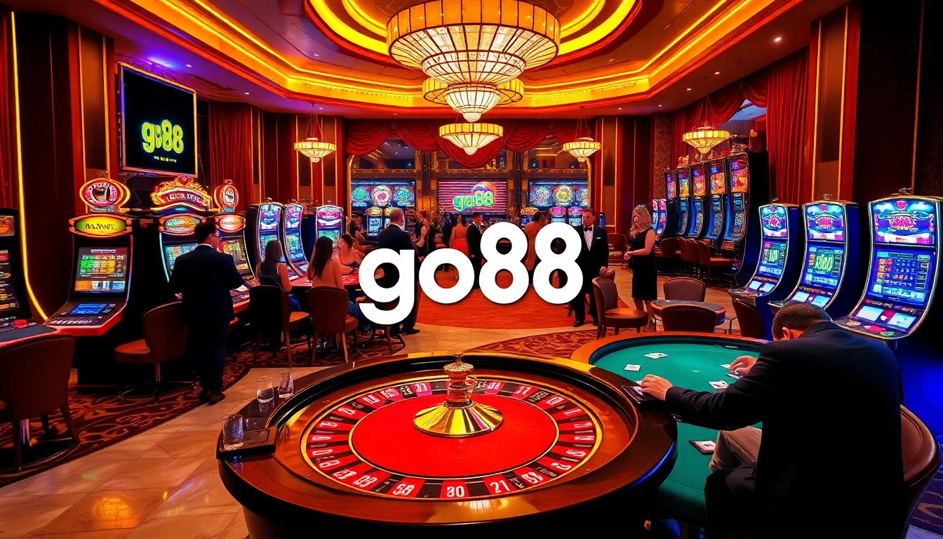 Players enjoying a lively game at the luxurious go88 casino, surrounded by poker, roulette, and slot machines.