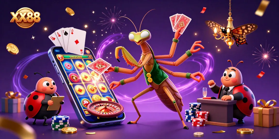 Engaging scene at XX88 where a giant mantis card sharp deals cards while a ladybug pit boss oversees the excitement, creating a lively atmosphere.