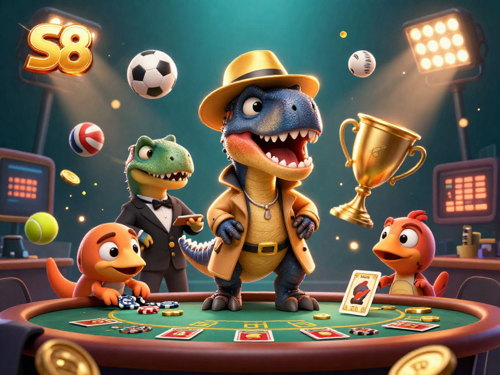 S8 enhances your betting experience with a thrilling scene of cartoon dinosaurs at the casino.