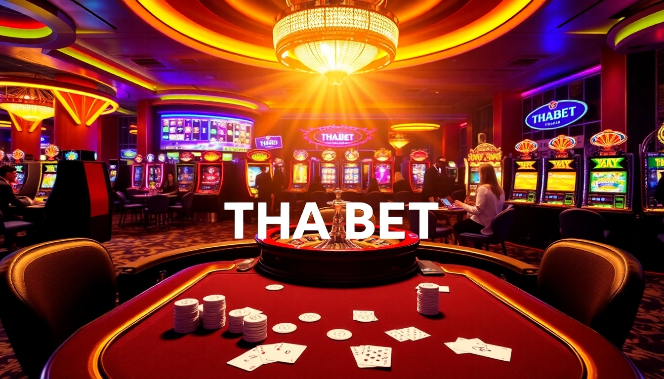 Engaged players enjoying online gambling at THABET casino with vibrant slot machines and poker tables.