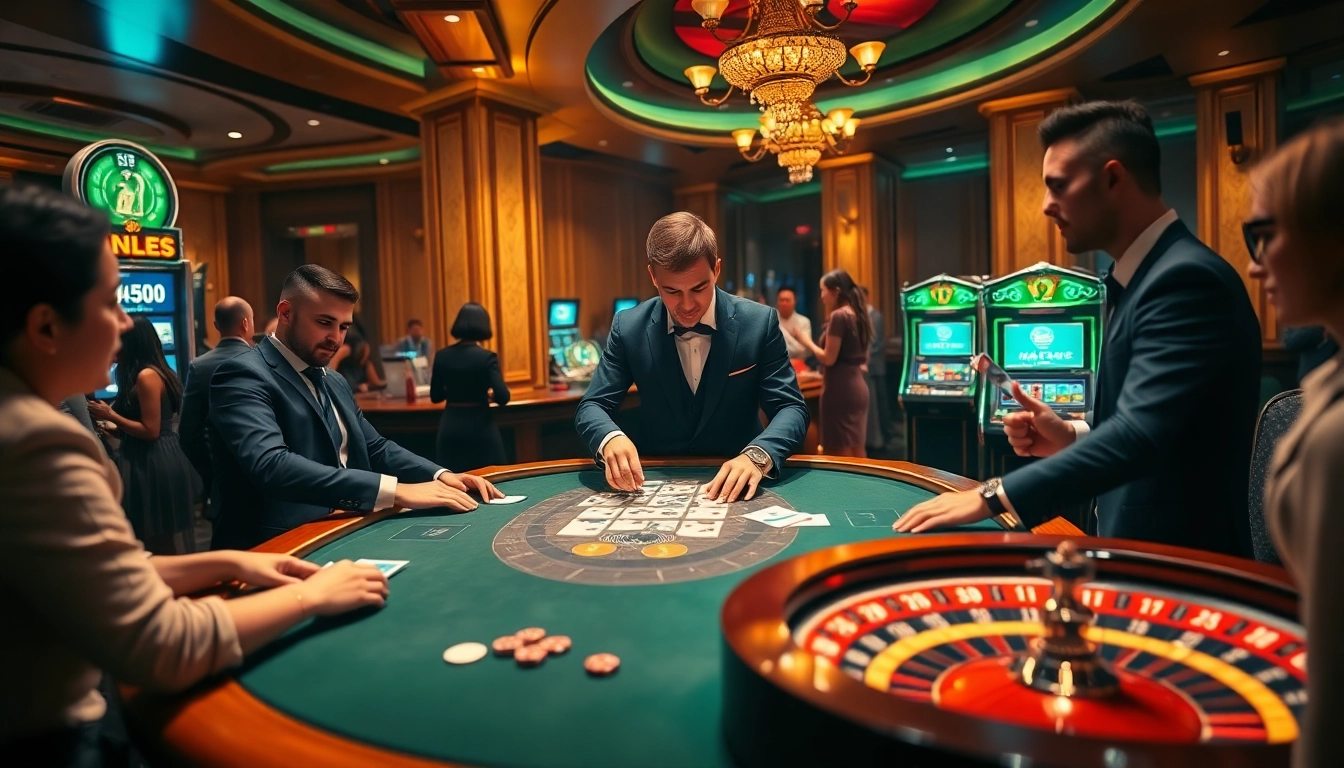 Excited gamblers engaging in high-stakes poker at a luxurious casino setting, showcasing https://33wwin.net/.