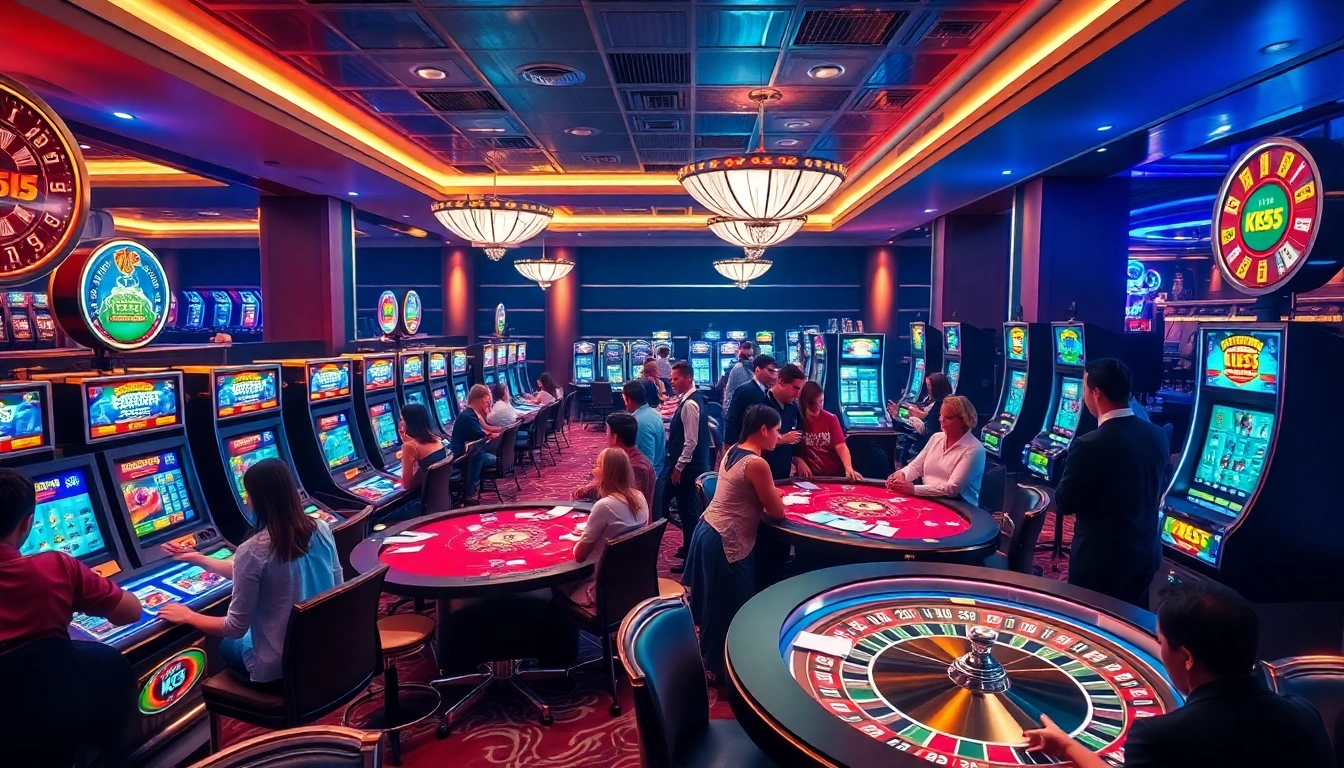 Players enjoying the excitement of KK55 casino games with vibrant slot machines and roulette wheels.