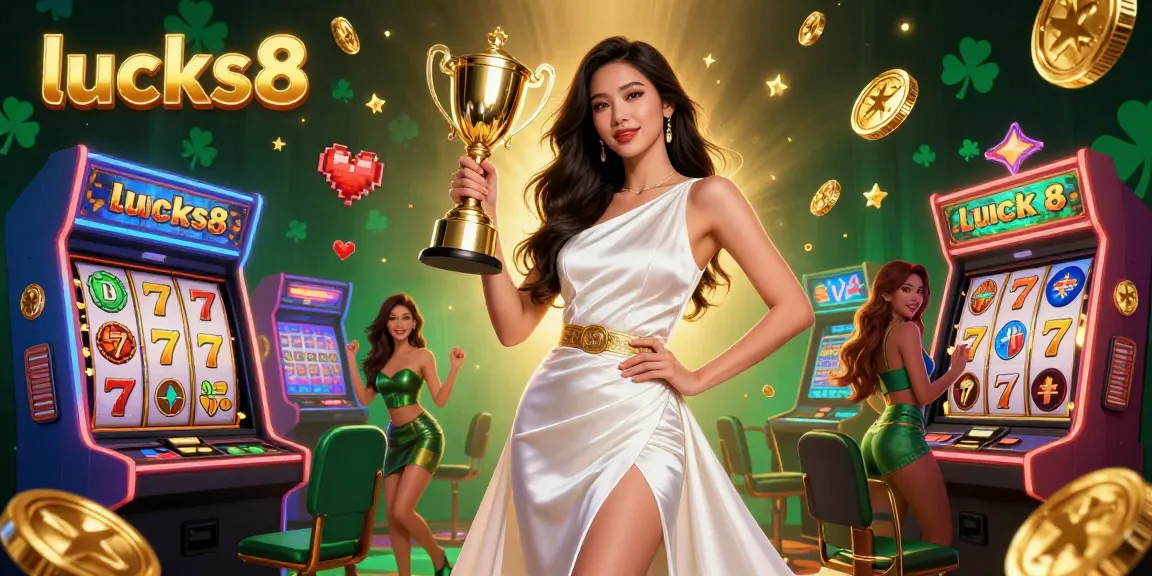 Win big with lucks8 as a victorious Asian woman holds a trophy amidst dynamic slot game elements.