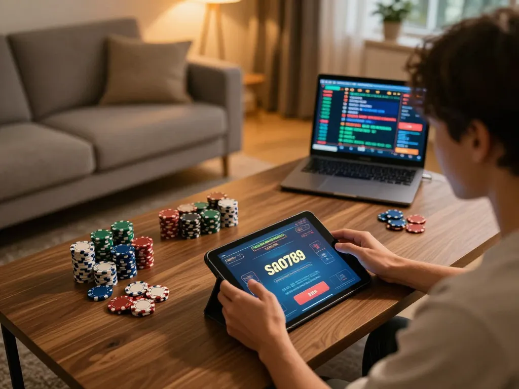 Sao789 player engaging in online betting with tablet and poker chips in cozy home setting