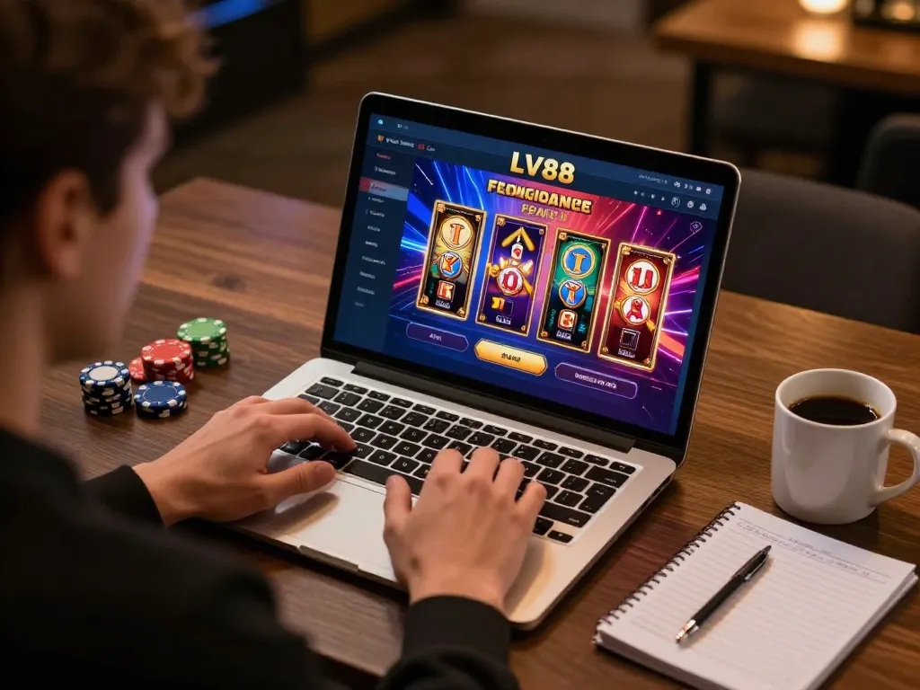 Player engaged in online casino gaming at LV88 with vibrant graphics on laptop screen.