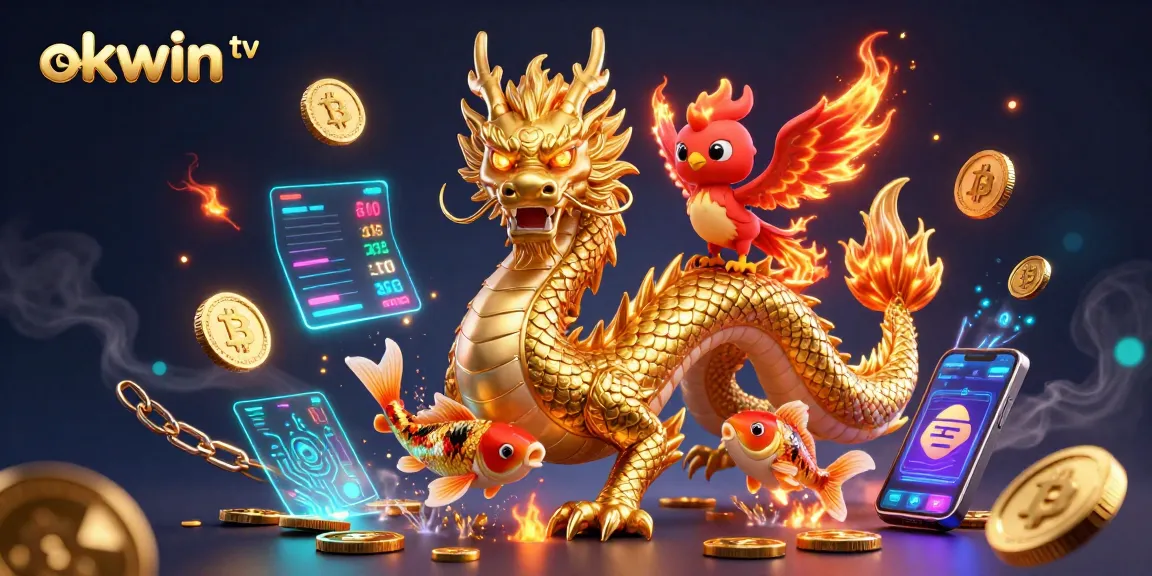Engage with okwin tv by immersing in this vibrant 3D illustration featuring a dragon and phoenix.
