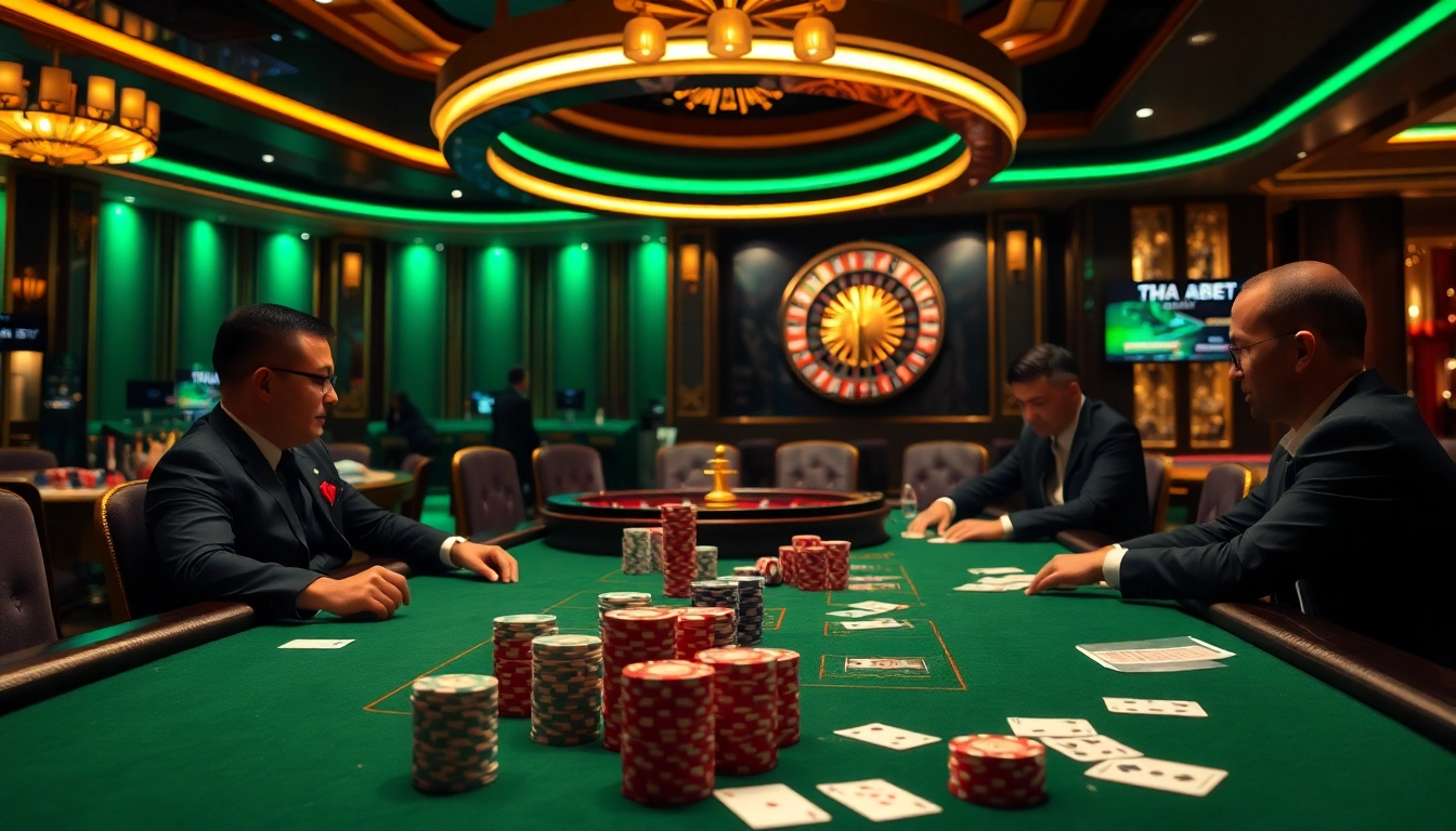 THA BET poker table scene with professional players and vibrant chips.