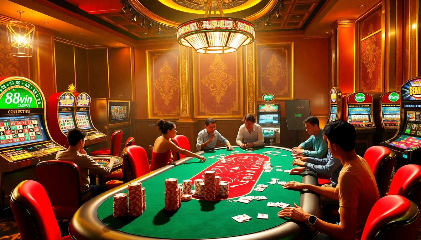 88vn players enjoying an exciting poker game in a luxurious casino atmosphere.