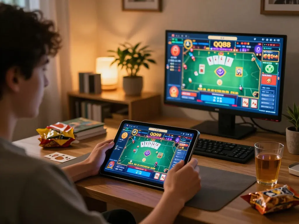 Players enjoying thrilling gameplay on QQ88 online casino app in a cozy home setting.