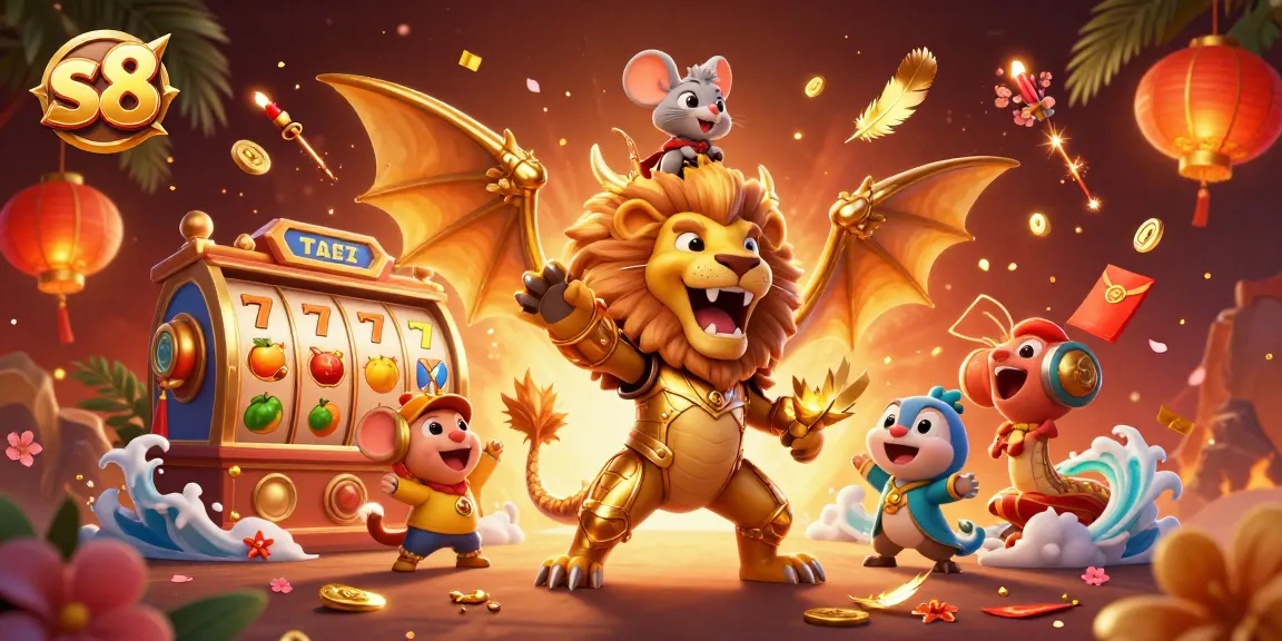 Experience thrilling wins at s8 with a dynamic 3D slot game illustration featuring golden chimera and captivating casino elements.