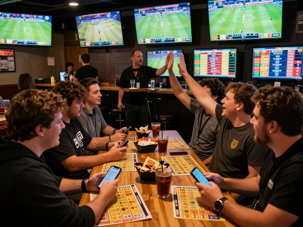 Engaged sports bettors celebrating a winning bet at bu88, with multiple screens displaying thrilling games.