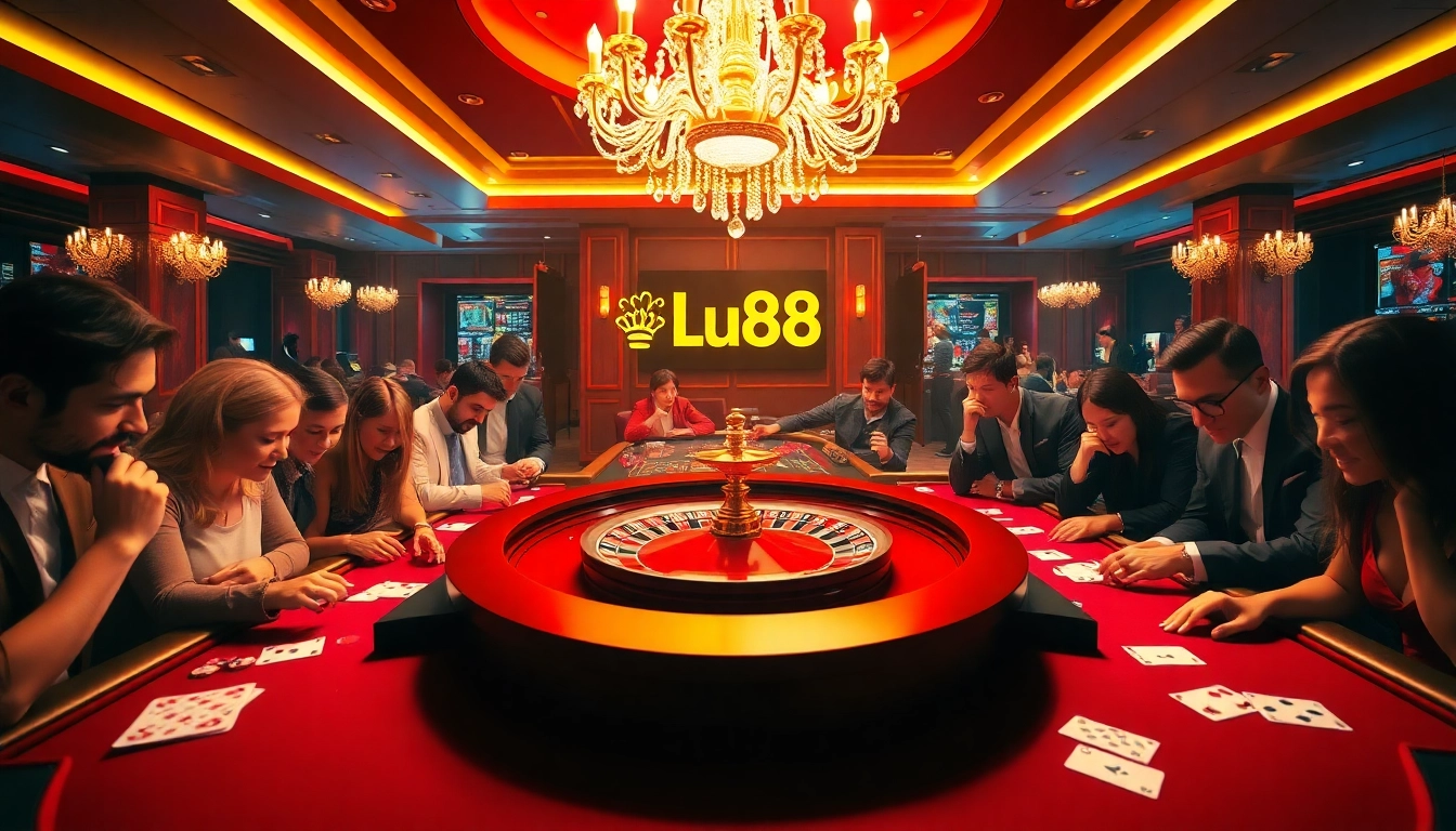 Gamblers placing bets at a luxurious casino featuring the Lu88 logo and vibrant games.