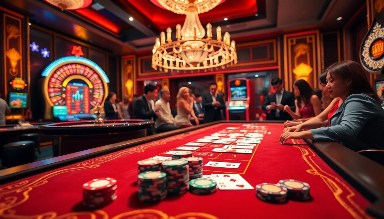 Excited players engaging in Game Bài Đổi Thưởng at a luxurious casino table with cards and chips.