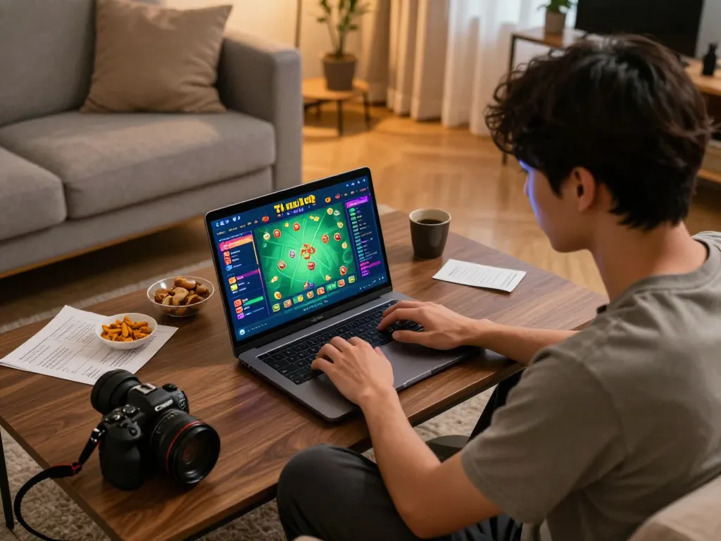 Engaged player enjoying tài xỉu md5 on laptop, surrounded by a cozy home atmosphere, integrating responsible gaming practices.