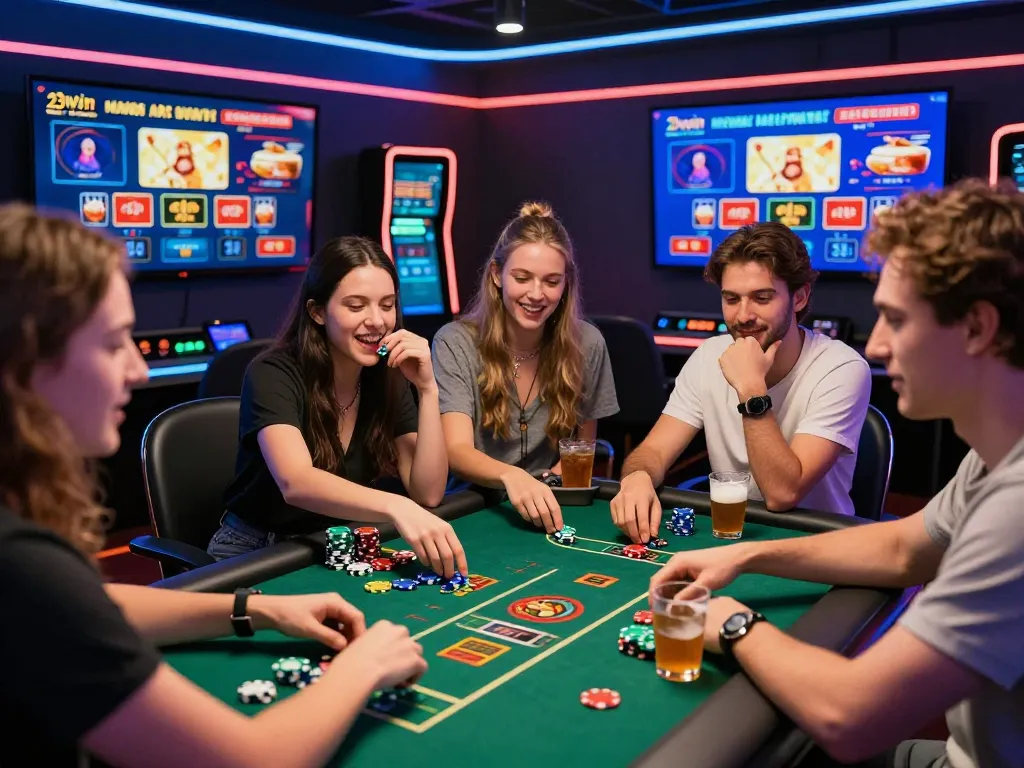 Friends enjoying live dealer games at 23win casino, vibrant atmosphere with drinks and chips.