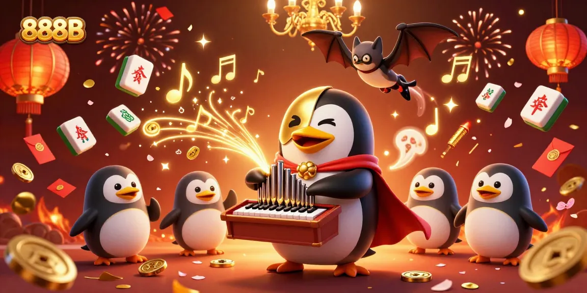 Engage in thrilling entertainment with 888B, showcasing a vibrant scene of a cartoon penguin playing a golden organ amidst dazzling casino elements.