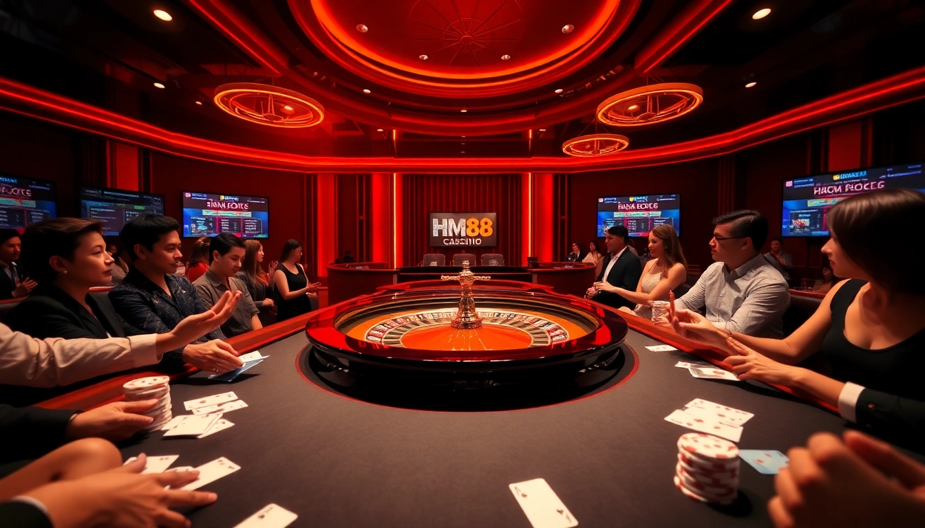 Players engaging in a roulette game at HM88, showcasing excitement and luxury in a vibrant casino setting.