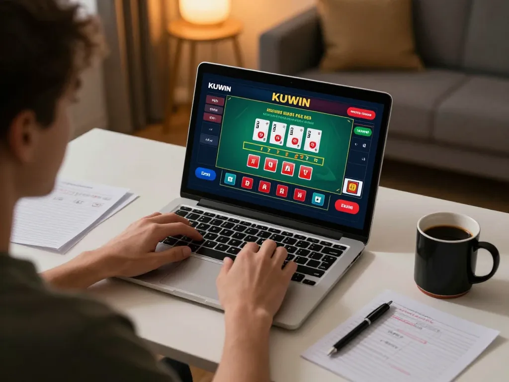 Engaging in a KUWIN online casino game with strategic notes and a laptop in a cozy home setting.