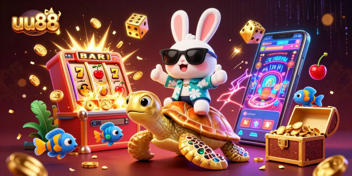 Experience thrilling adventures at uu88 with a lucky rabbit and sea turtle in a vibrant casino scene.