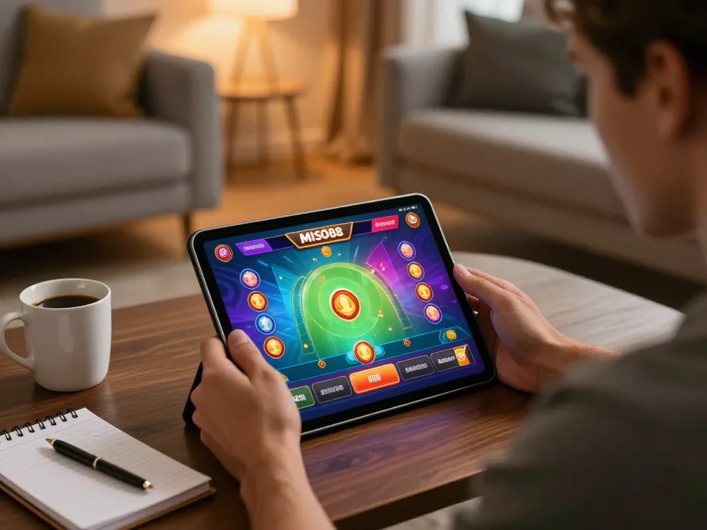 MISO88 player enjoying online gaming strategy in a cozy home setting with a tablet.