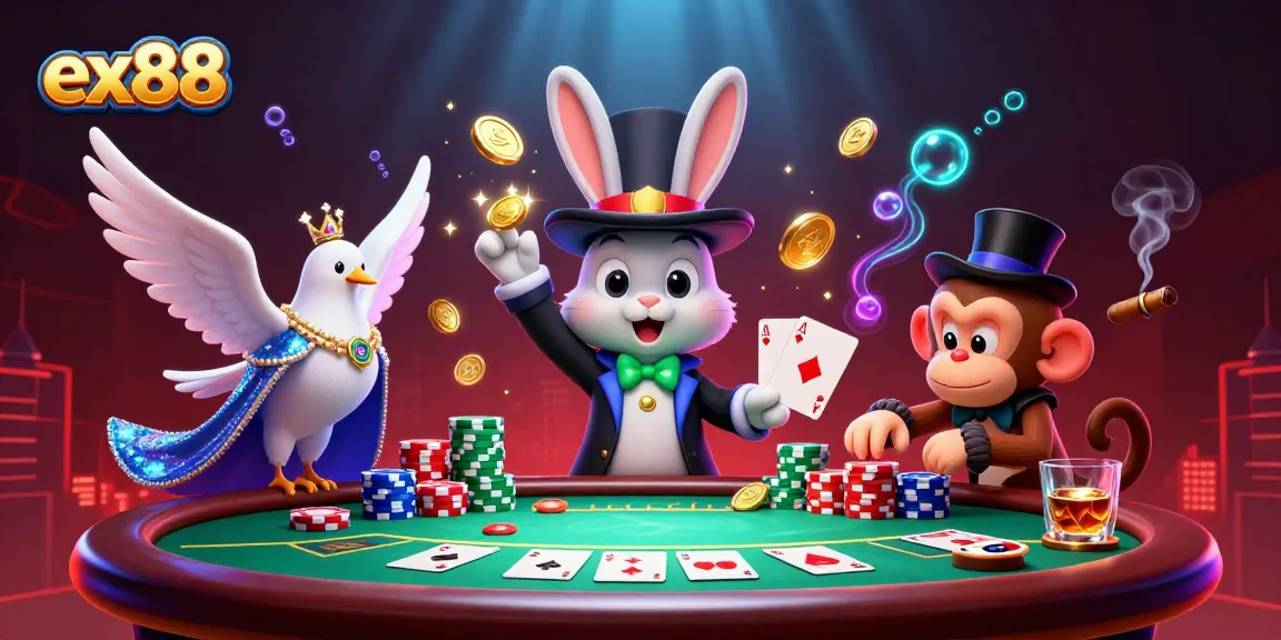 Experience the excitement of ex88 with a magician rabbit and poker action in this vibrant illustration.