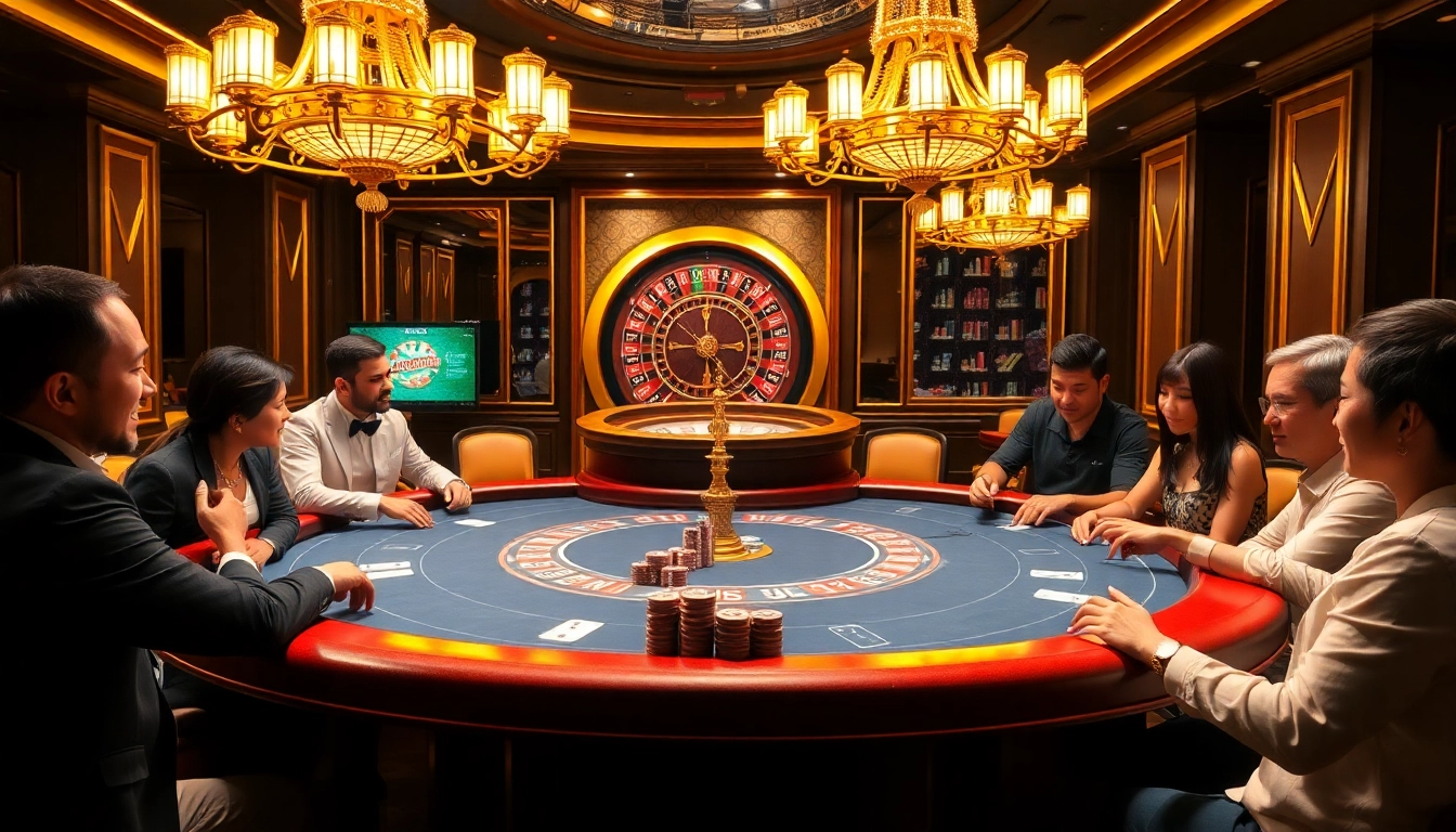 Players engaged at the j88 table in an upscale casino, showcasing excitement and luxury.